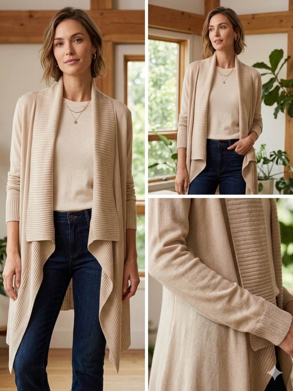 Chico's Beige Open Front Draped Waterfall
Cardigan Sweater Knit